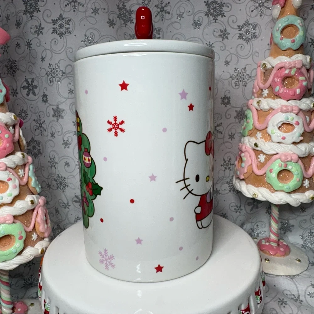 Sanrio Christmas Hello Kitty Wreath Snowflake Canister Cookie Jar w/Bow Topper - Picture 2 of 12